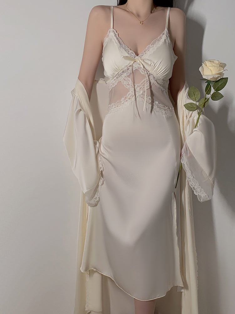 Long Sheer Satin Nightgown with Lace Trim