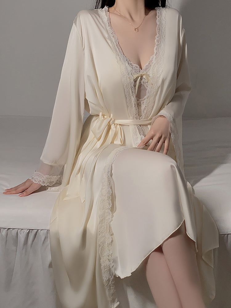 Long Sheer Satin Nightgown with Lace Trim