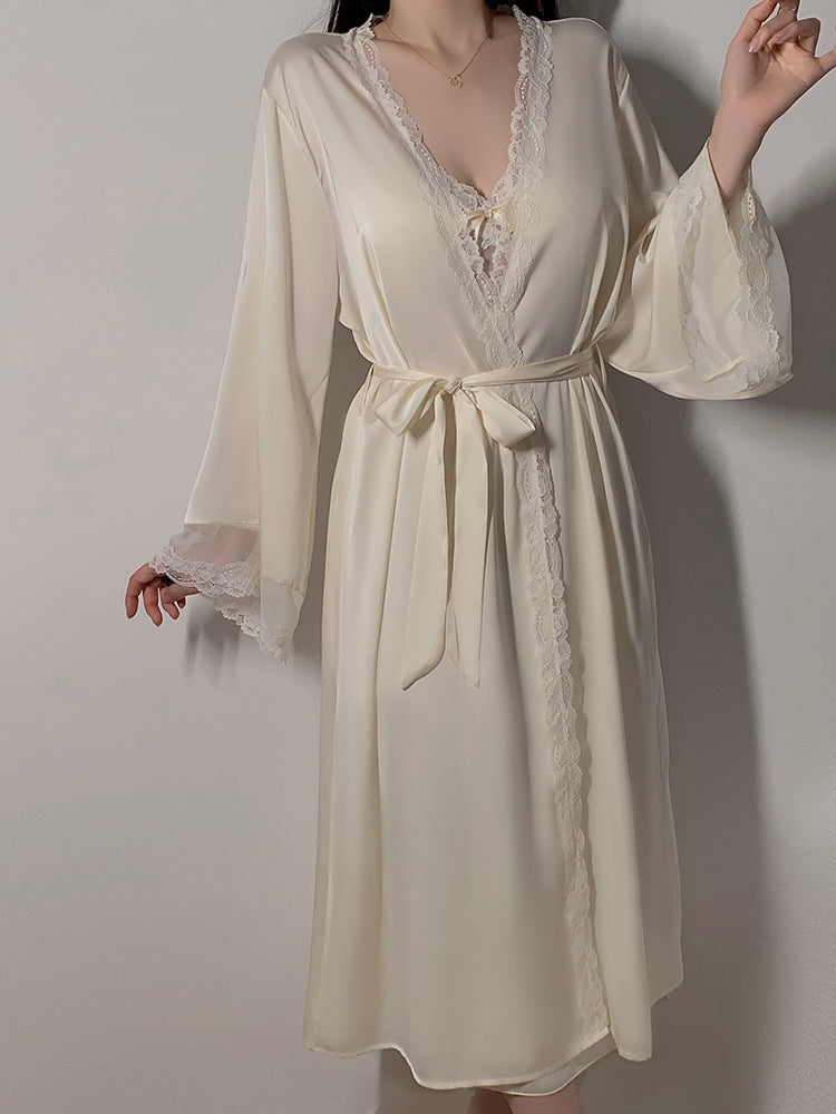 Long Sheer Satin Nightgown with Lace Trim
