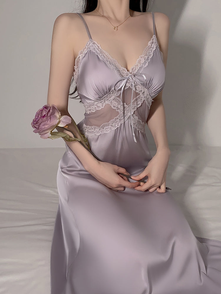 Long Sheer Satin Nightgown with Lace Trim