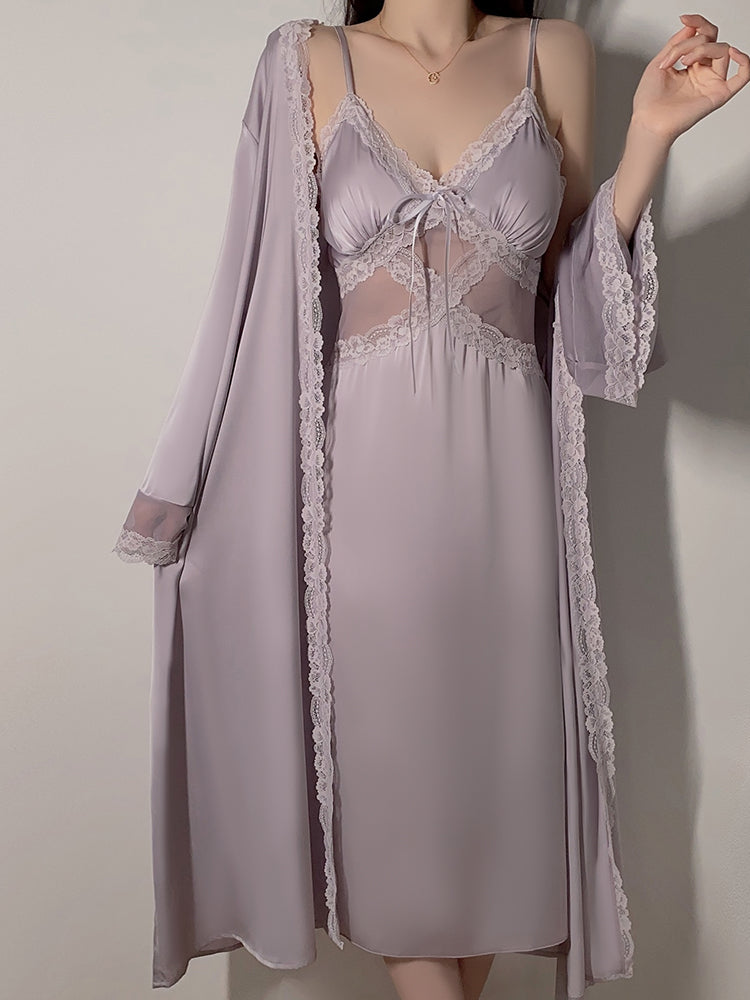 Long Sheer Satin Nightgown with Lace Trim