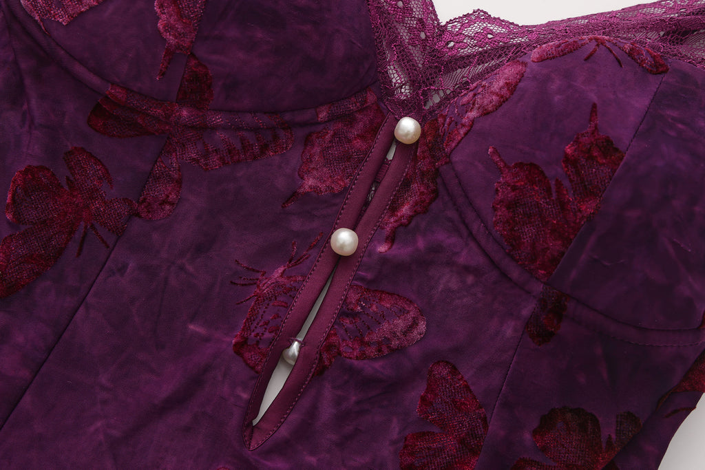 Butterfly Flocked Lace Panel Chemise with Open Back