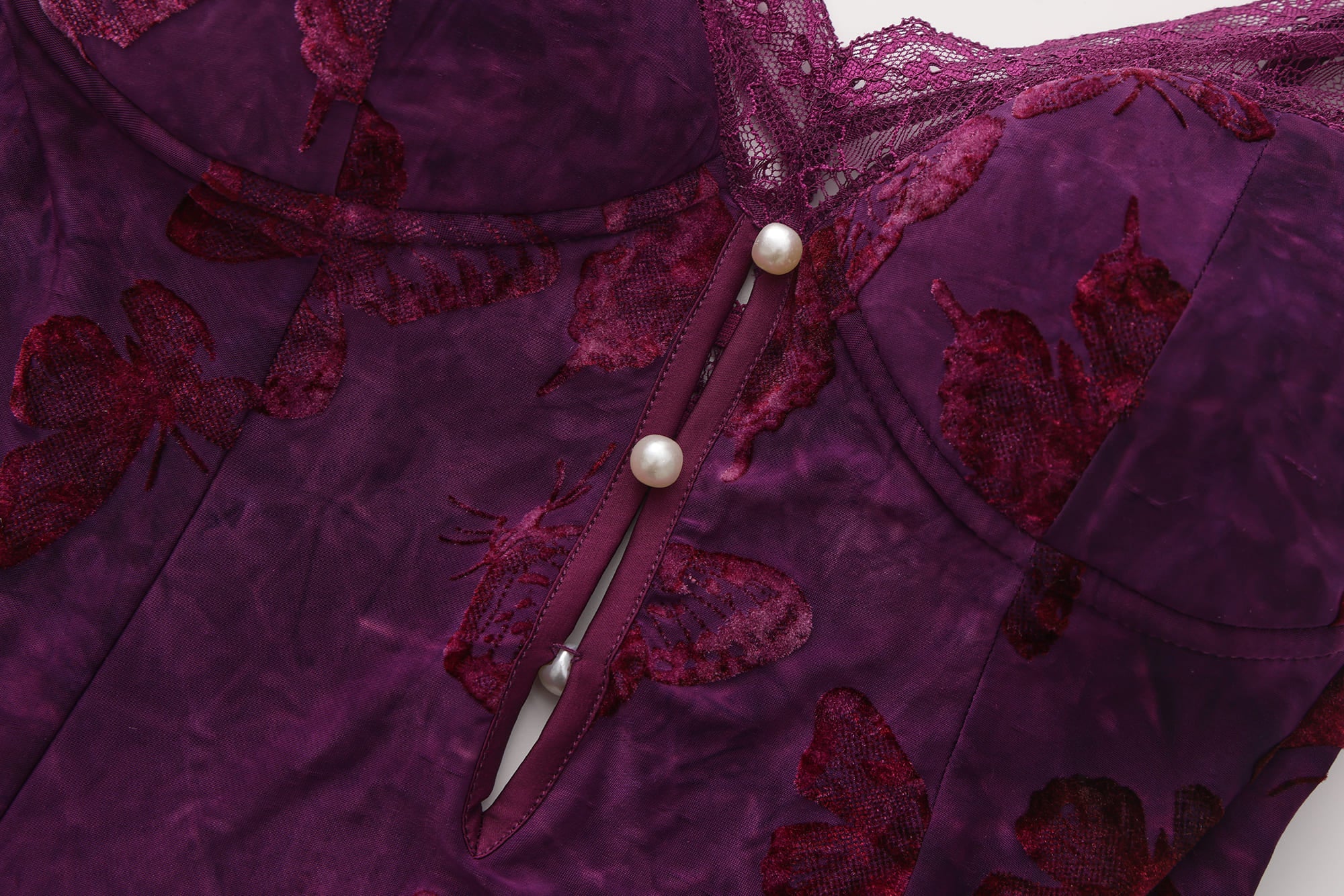 Butterfly Flocked Lace Panel Chemise with Open Back