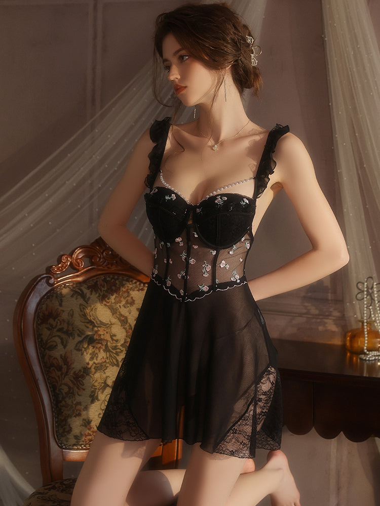 Women's Floral Lace Mesh Chemise Adorned with Pearls