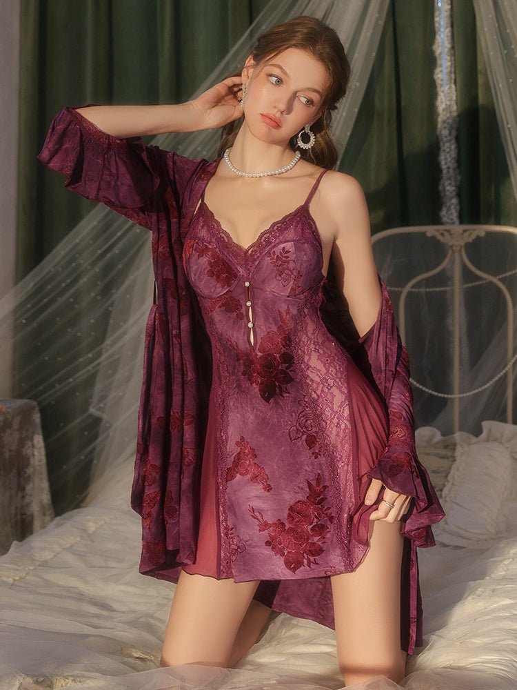 Floral Flocked Velvet Lace Chemise and Robe Set
