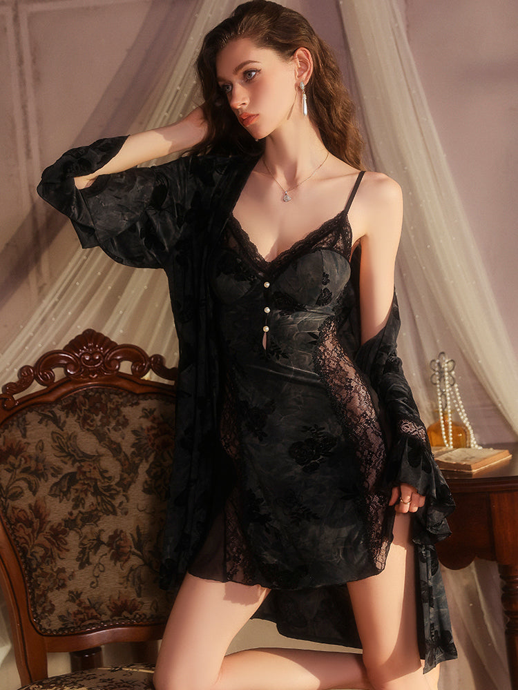 Floral Flocked Velvet Lace Chemise and Robe Set