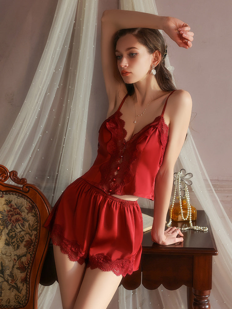 Satin Pajama Set with Lace Trim