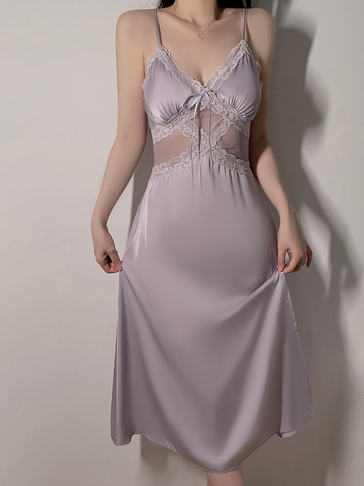 Long Sheer Satin Nightgown with Lace Trim