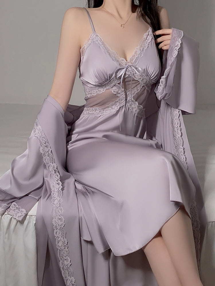 Long Sheer Satin Nightgown with Lace Trim