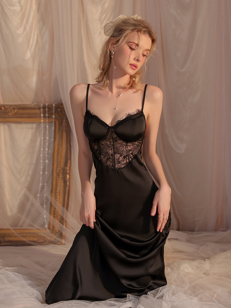 Elegant Satin Nightdress with Lace Inserts and Backless Detail