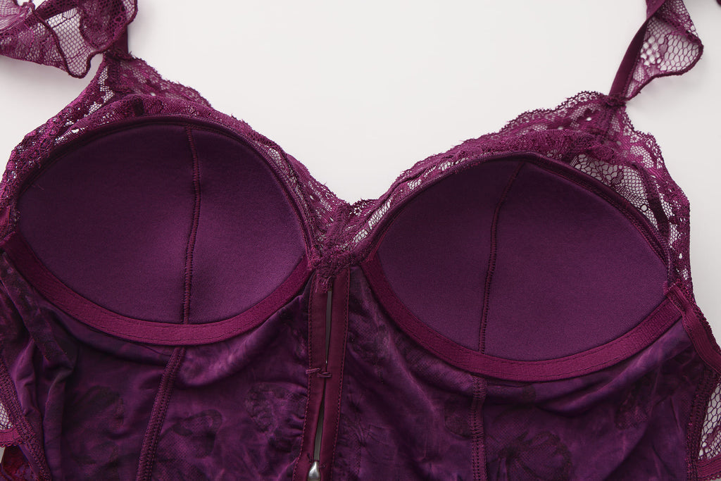 Butterfly Flocked Lace Panel Chemise with Open Back