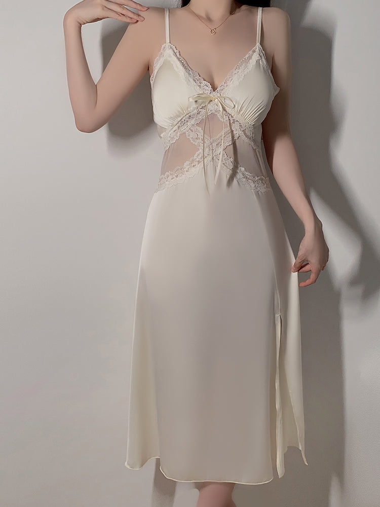 Long Sheer Satin Nightgown with Lace Trim