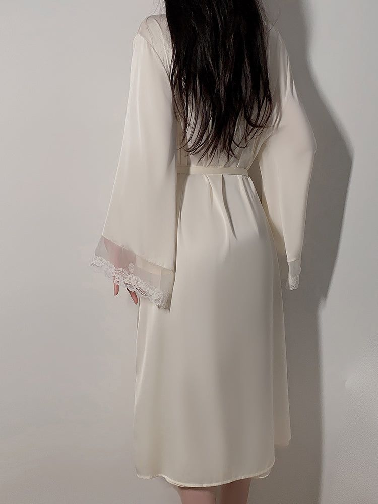 Long Sheer Satin Nightgown with Lace Trim
