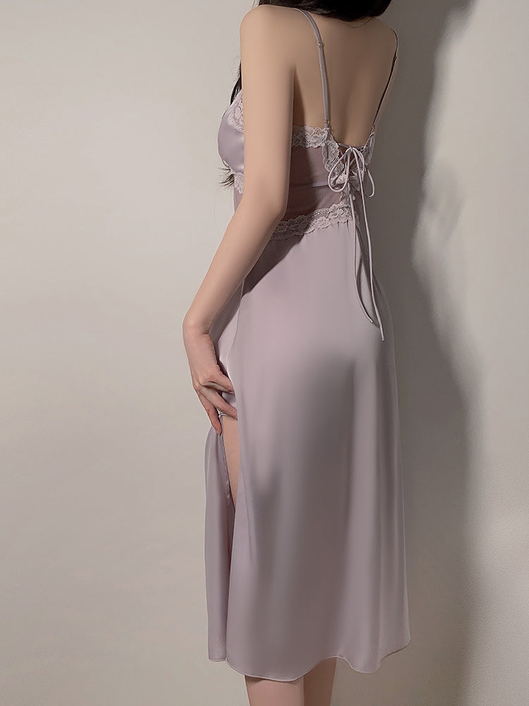 Long Sheer Satin Nightgown with Lace Trim