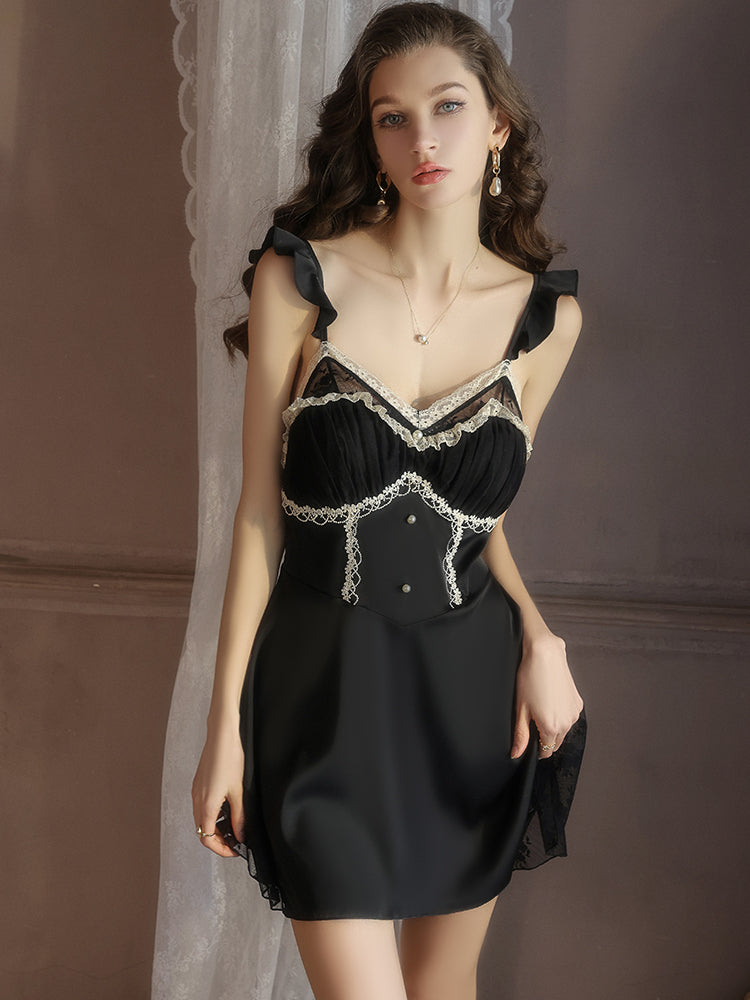 Ruffled Strap Satin Chemise with Lace Detail