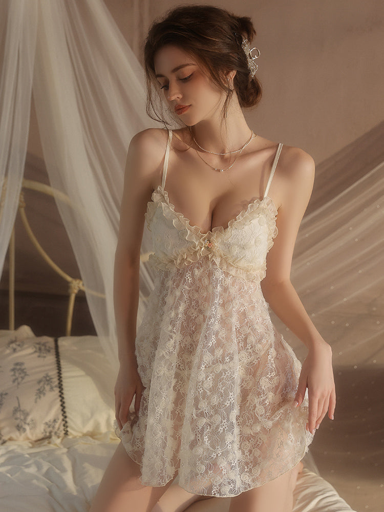 Sexy Sheer Mesh Chemise and Thong Set with Lace Crochet