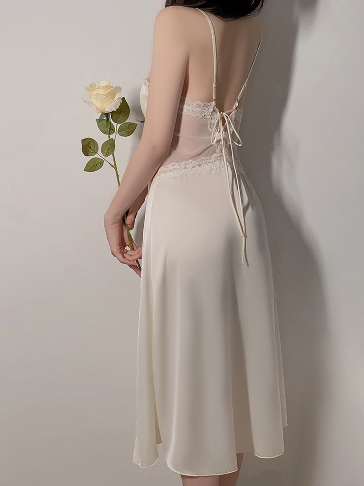 Long Sheer Satin Nightgown with Lace Trim