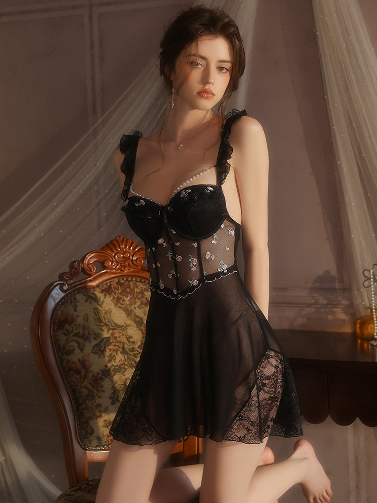 Women's Floral Lace Mesh Chemise Adorned with Pearls