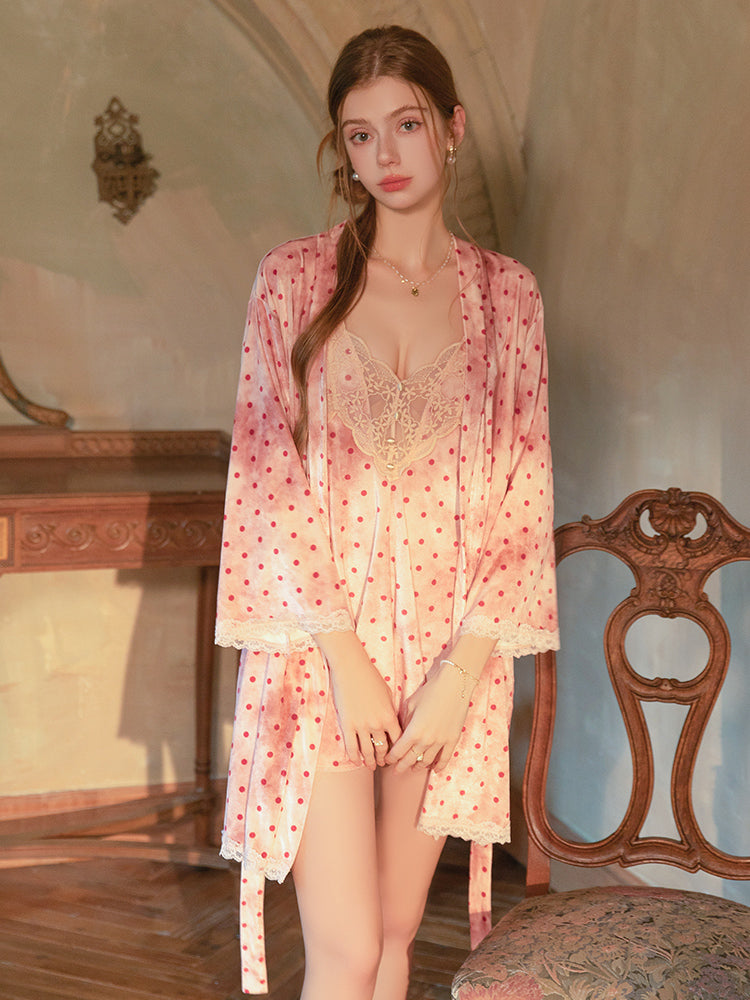 Pink Polka Dot Lace Chemise and Robe Set