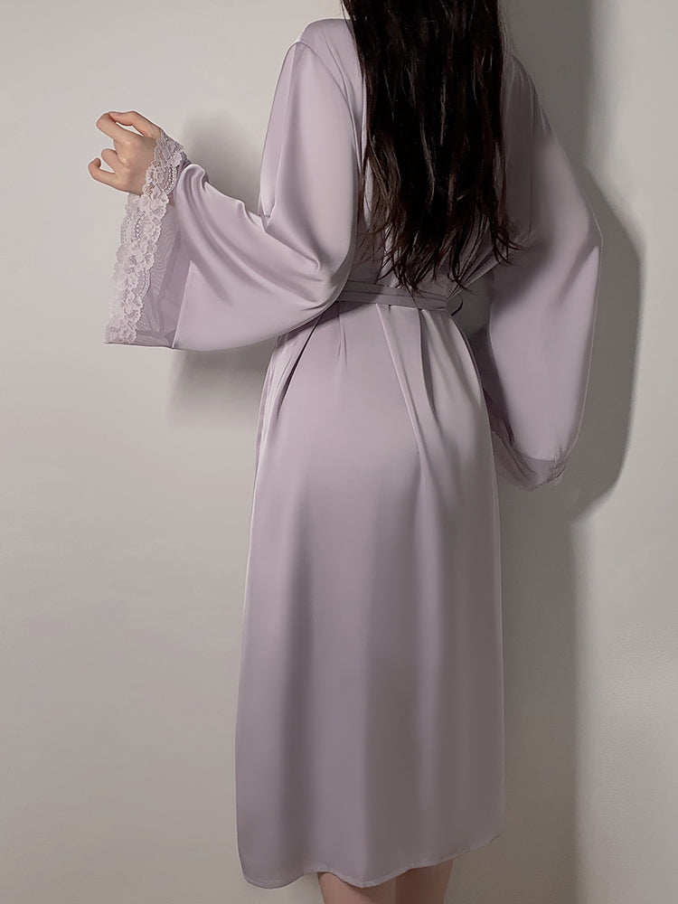 Long Sheer Satin Nightgown with Lace Trim