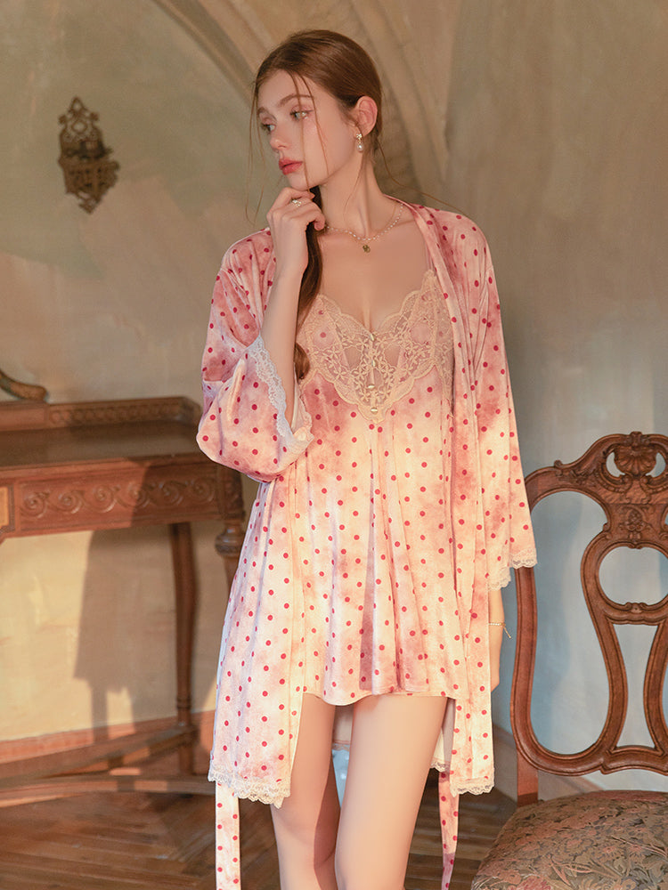 Pink Polka Dot Lace Chemise and Robe Set