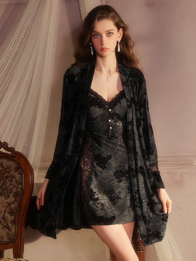 Floral Flocked Velvet Lace Chemise and Robe Set